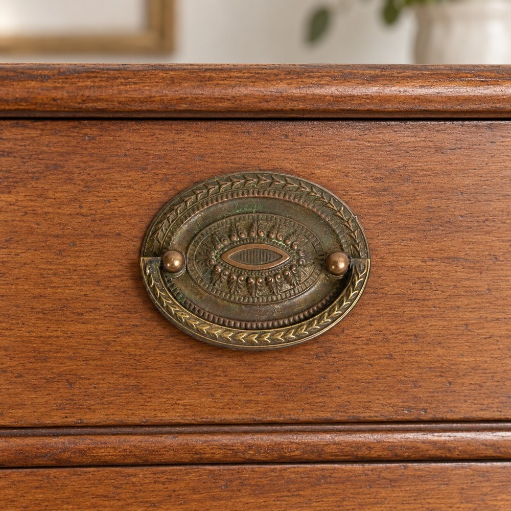 Antique Brass Hepplewhite Federal Oval Bail Pull Drawer Handle Embossed Hardware
